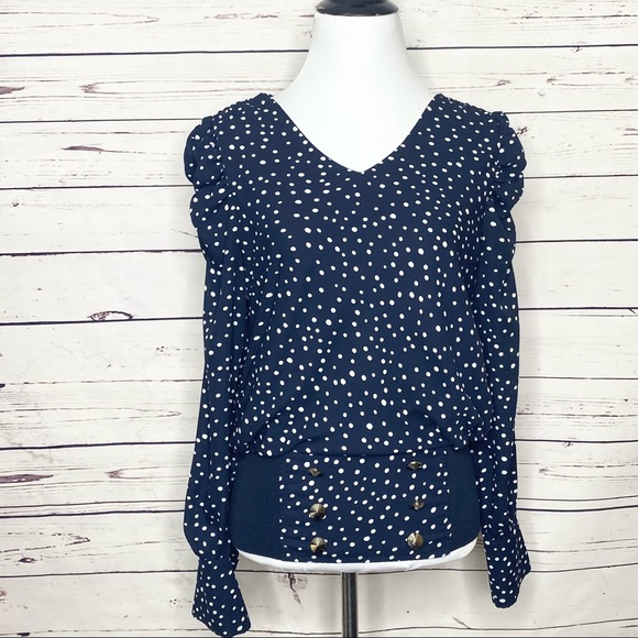Carmen Marc Valvo Navy Blue & White Polka Dot Puff Sleeve Blouse Top Size Small - Picture 2 of 10